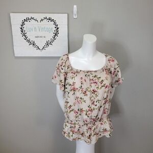 Floral Blouse Pink Green Beige Women's Short Sleeve Square Neck Top‎ Size M